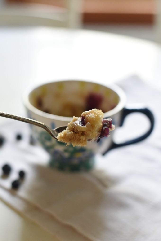 Single-Serve Mug Cake - Blueberry Coffee Cake with fresh blueberries and a brown sugar crumble topping | Feathers in Our Nest